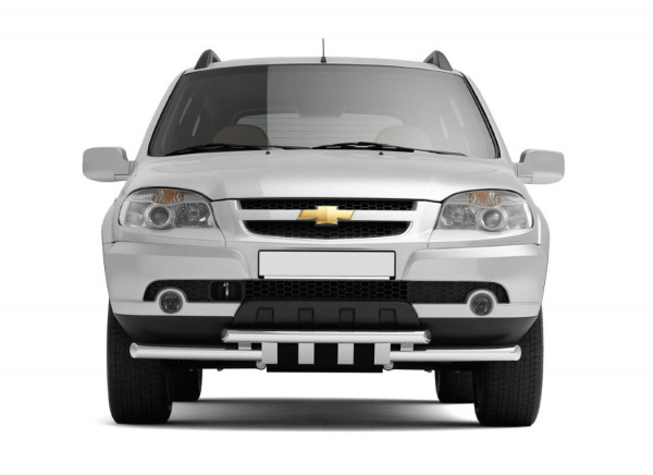 Защита переднего бампера двойная с зубьями диаметром 63/63 мм (НПС) Chevrolet NIVA с 2009