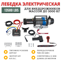 Лебёдка автомобильная электрическая 12V Runva 13500 lbs 6136 кг влагозащищенная, синтетический трос