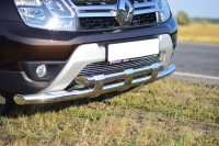 Защита переднего бампера двойная с пластинами диаметром 63/63 мм (НПС) на Renault DUSTER c 2016